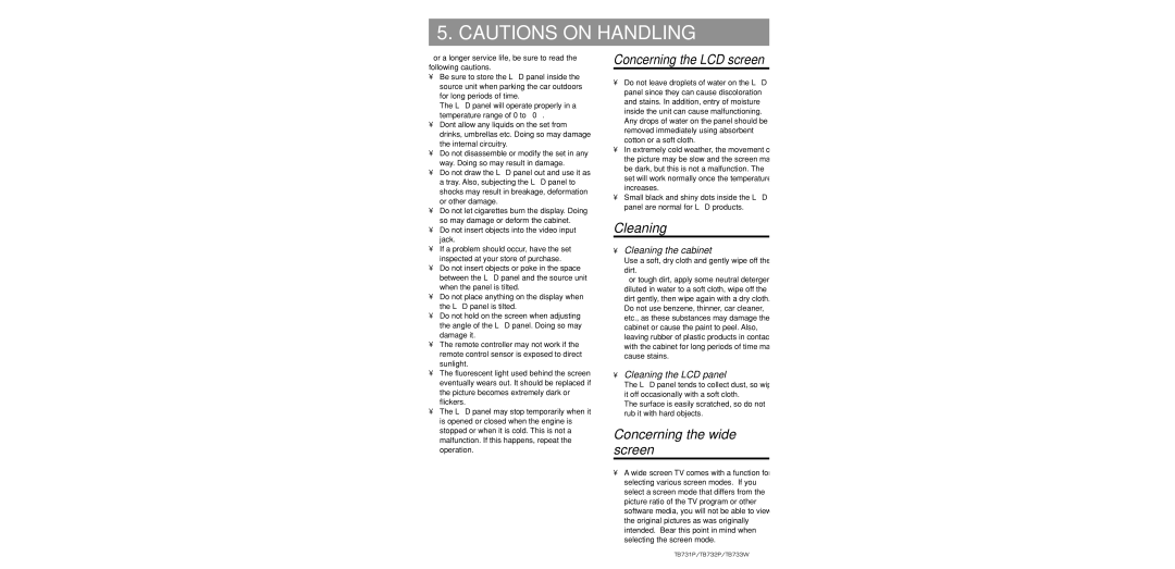 Clarion TB732P, TB733W, TB731P owner manual Concerning the wide screen, Cleaning the cabinet, Cleaning the LCD panel 