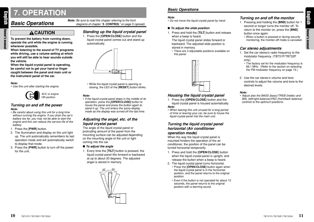 Clarion TB731P, TB733W, TB732P owner manual Basic Operations 