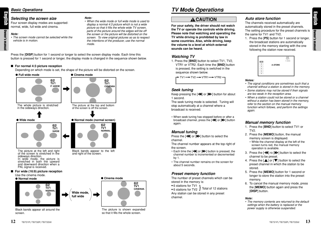 Clarion TB732P, TB733W, TB731P owner manual TV Mode Operations 