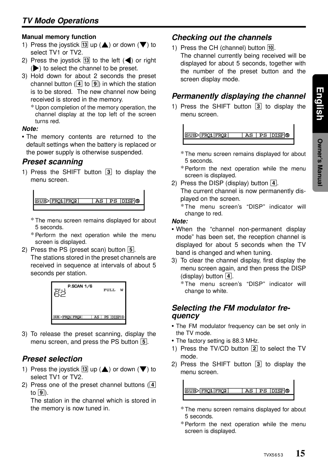 Clarion TVX5653 TV Mode Operations, Checking out the channels, Permanently displaying the channel, Preset scanning 