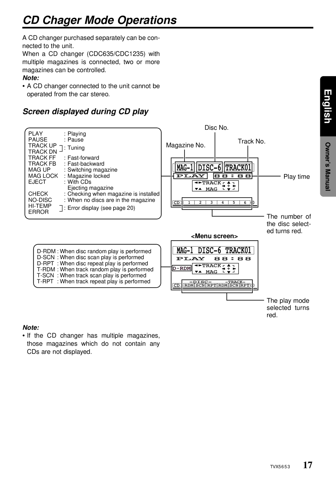 Clarion TVX5653 owner manual CD Chager Mode Operations, Screen displayed during CD play 