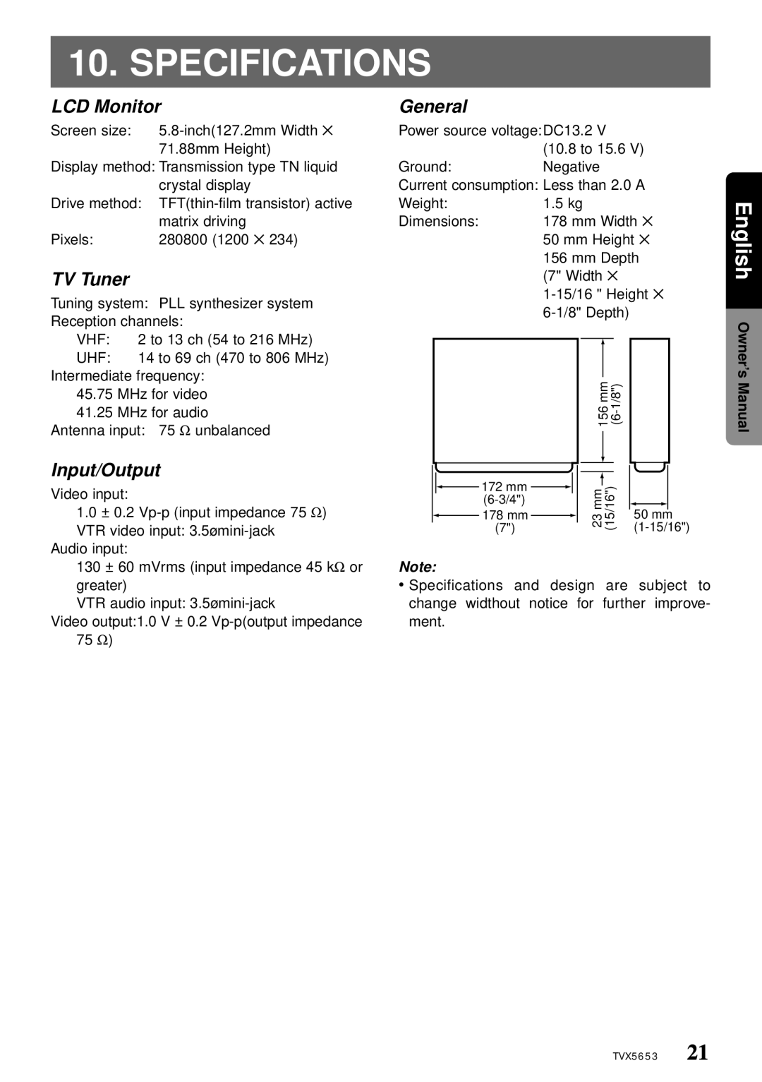 Clarion TVX5653 owner manual Specifications, LCD Monitor, TV Tuner, General, Input/Output 