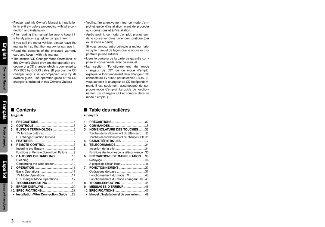 Clarion TVX5653 owner manual Contents 