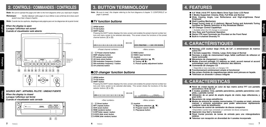 Clarion TVX5653 owner manual Button Terminology, Features, Caracté Ristiques, Características 