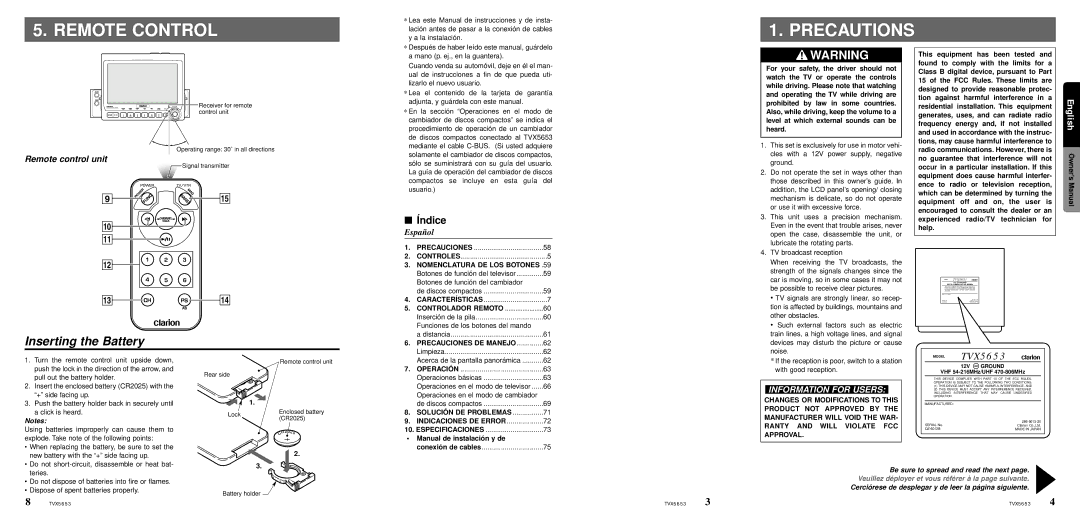 Clarion TVX5653 owner manual Remote Control, Precautions, Inserting the Battery, Remote control unit 