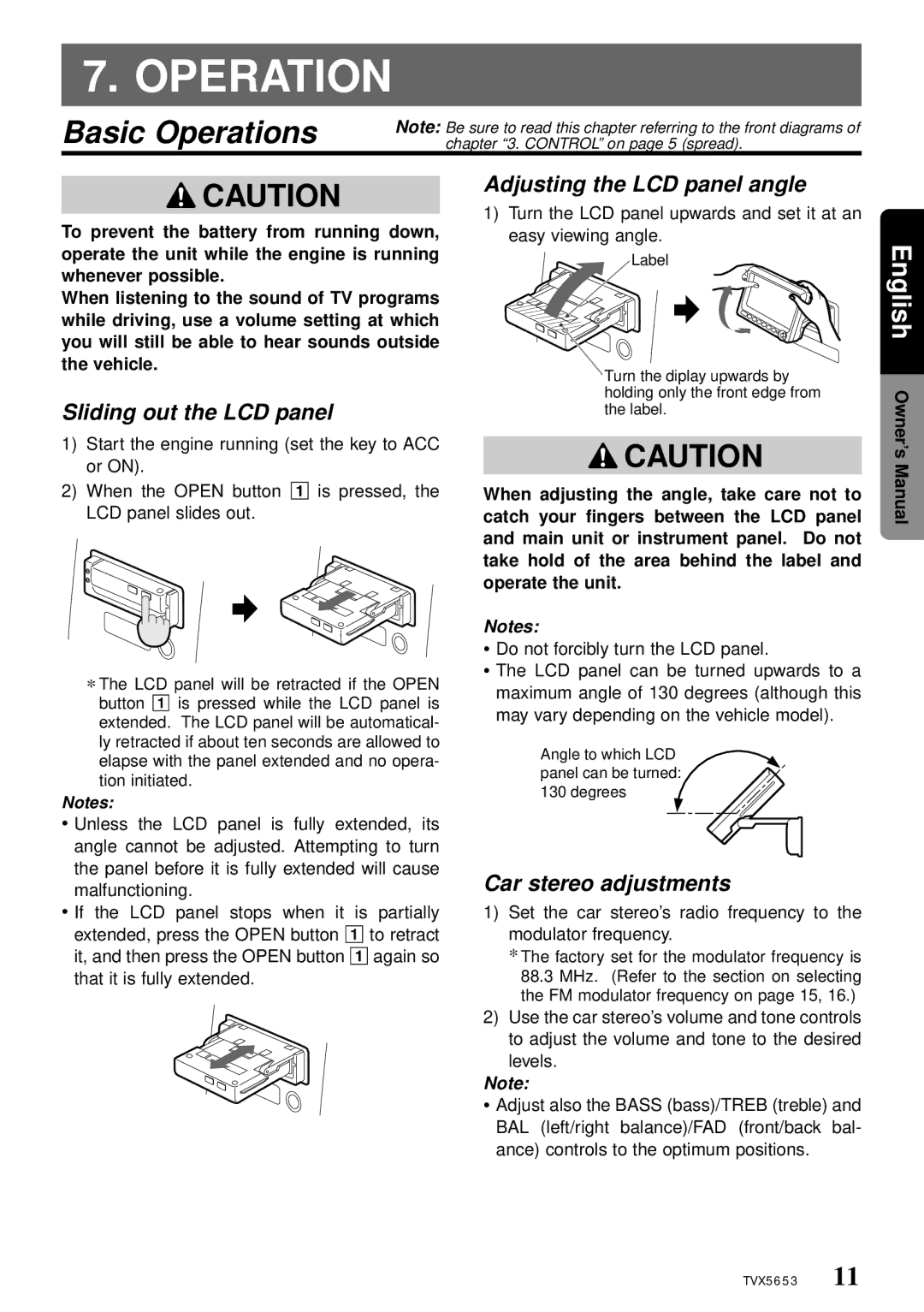 Clarion TVX5653 Basic Operations, Adjusting the LCD panel angle, Sliding out the LCD panel, Car stereo adjustments 