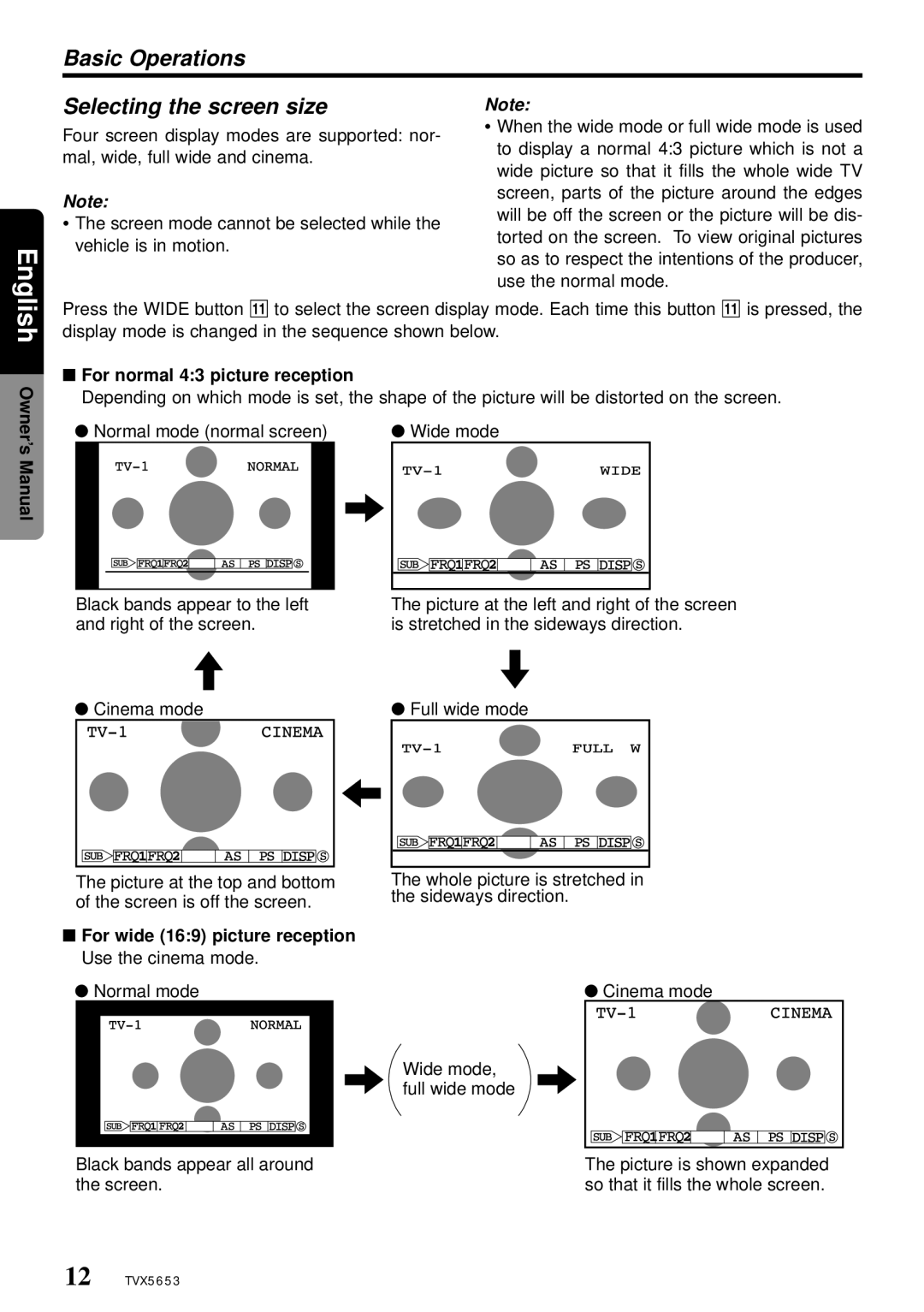 Clarion TVX5653 owner manual Basic Operations, Selecting the screen size 