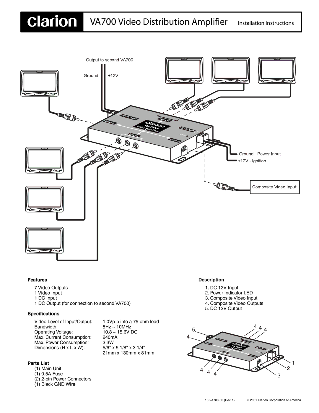 Clarion VA700 installation instructions Features, Specifications, Parts List, Description 