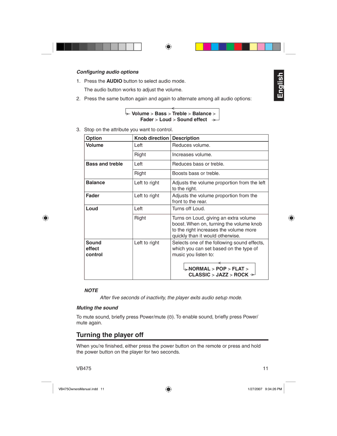 Clarion VB475 owner manual Turning the player off, Conﬁguring audio options, Muting the sound 