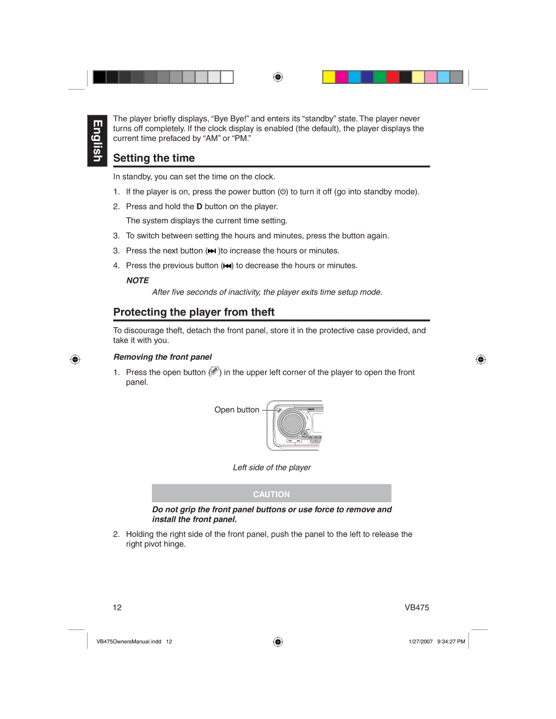 Clarion VB475 Setting the time, Protecting the player from theft, Removing the front panel, Left side of the player 