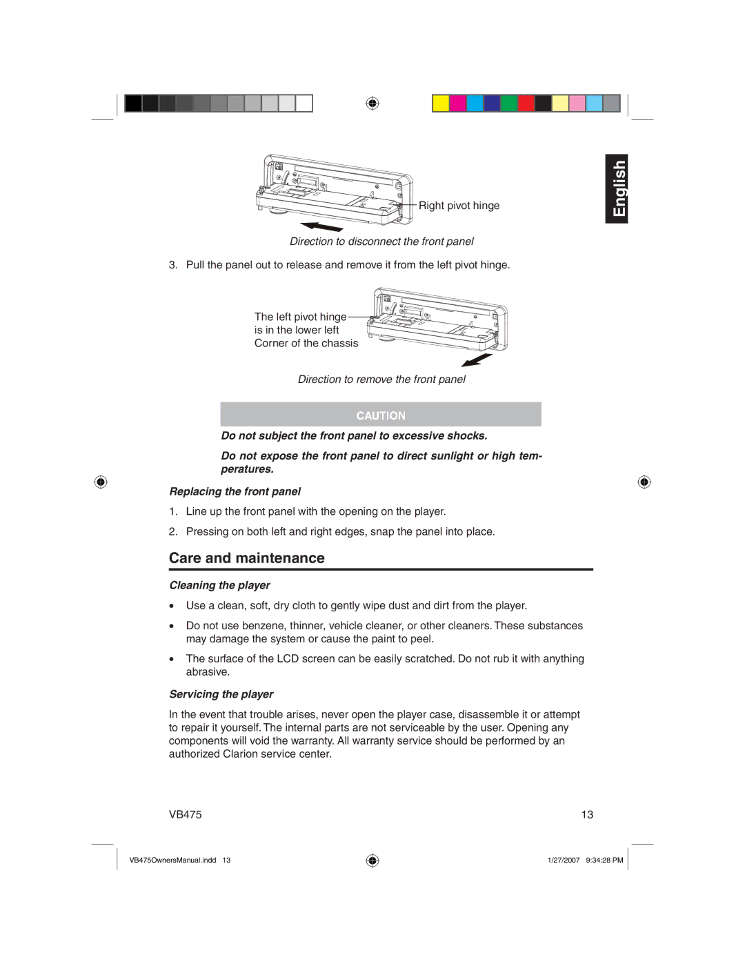 Clarion VB475 Care and maintenance, Direction to disconnect the front panel, Direction to remove the front panel 