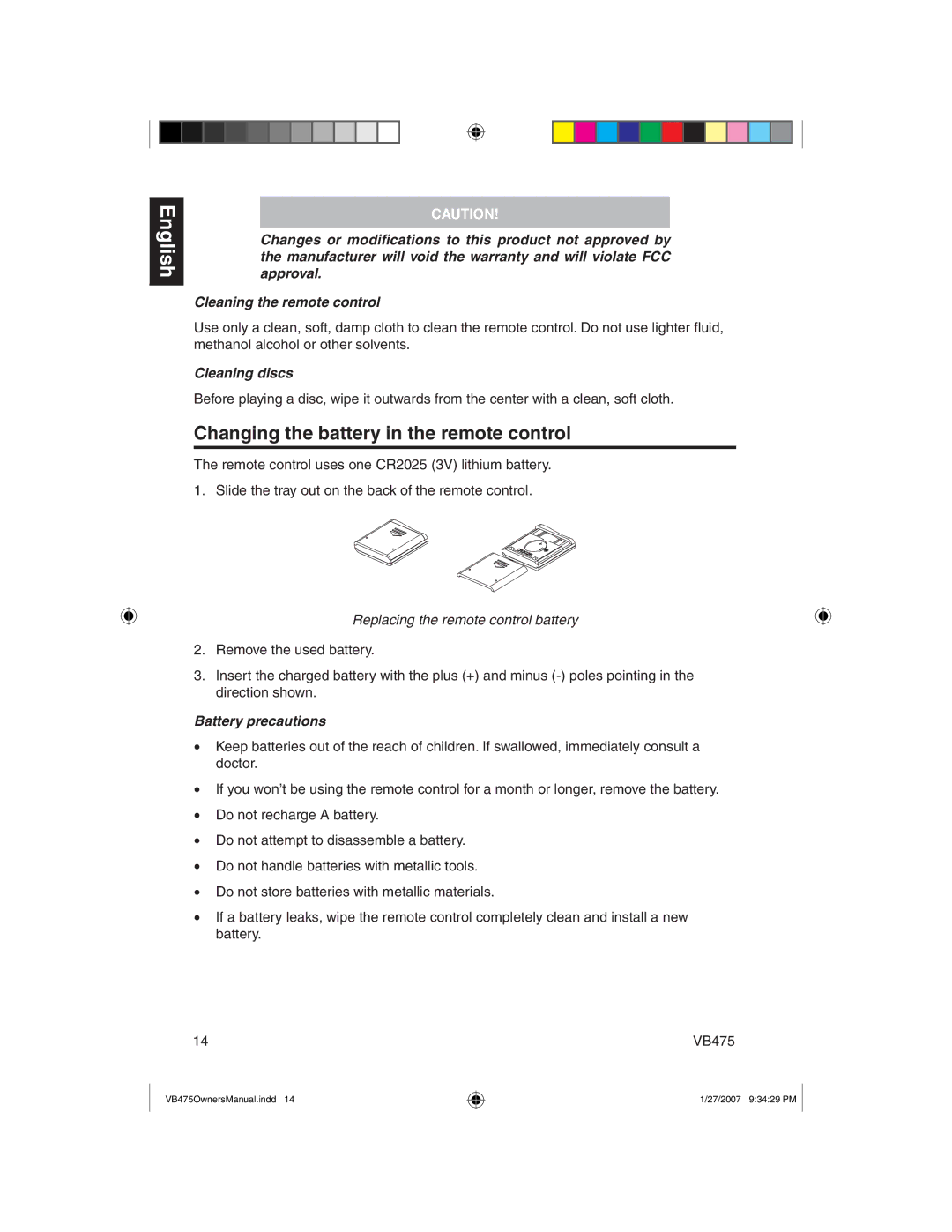 Clarion VB475 owner manual Changing the battery in the remote control, Cleaning discs, Replacing the remote control battery 