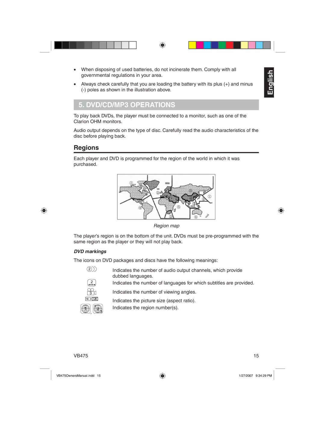 Clarion VB475 owner manual DVD/CD/MP3 Operations, Regions, Region map, DVD markings 