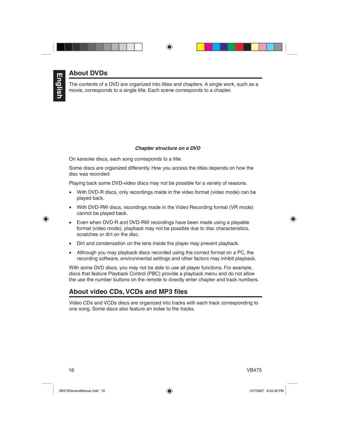 Clarion VB475 owner manual About DVDs, About video CDs, VCDs and MP3 ﬁles, Chapter structure on a DVD 