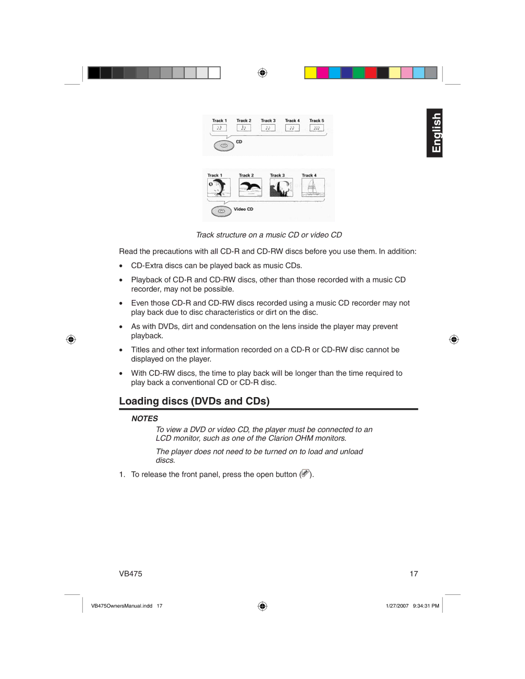 Clarion VB475 owner manual Loading discs DVDs and CDs, Track structure on a music CD or video CD 