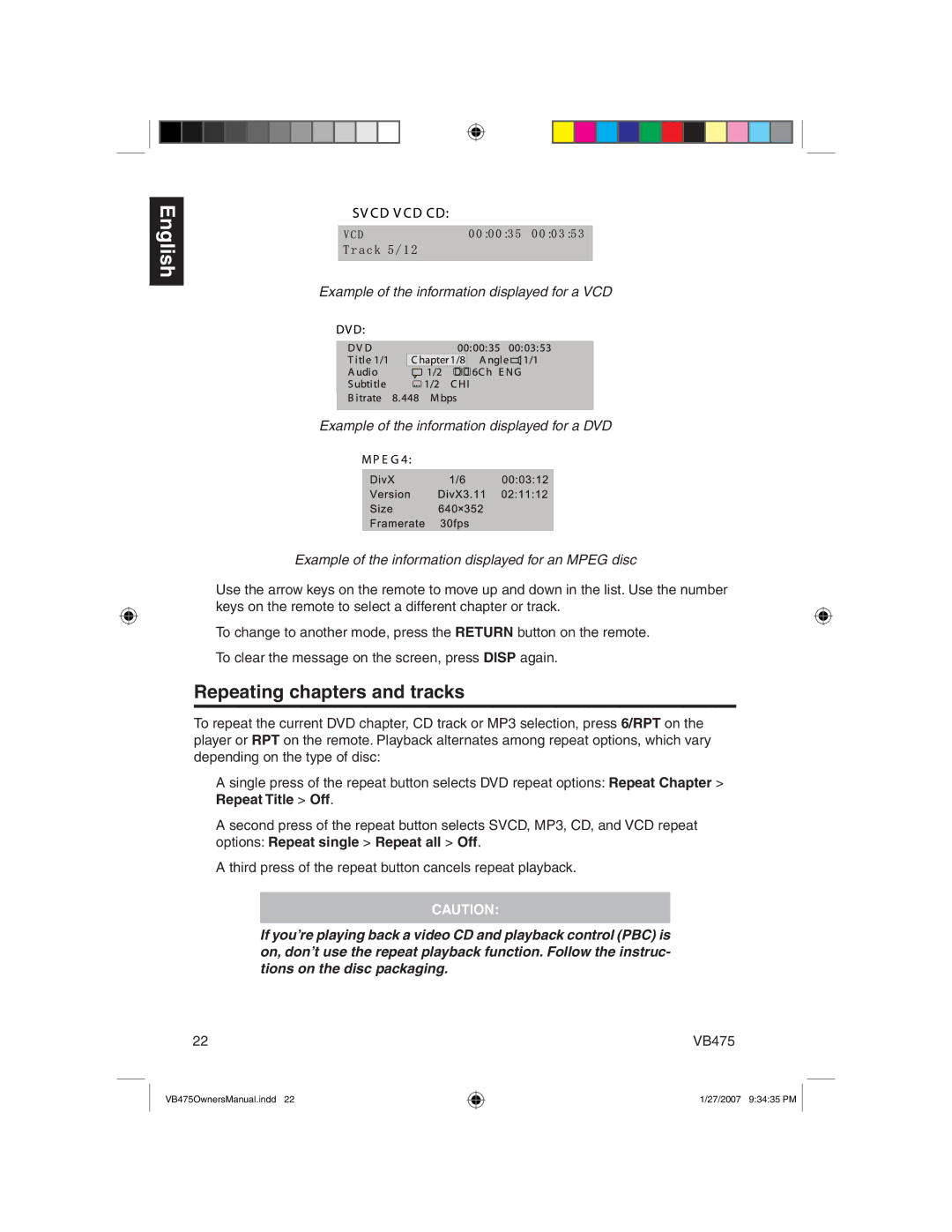 Clarion VB475 owner manual Repeating chapters and tracks 