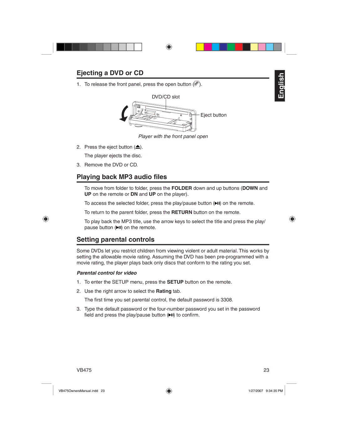 Clarion VB475 Ejecting a DVD or CD, Playing back MP3 audio ﬁles, Setting parental controls, Parental control for video 