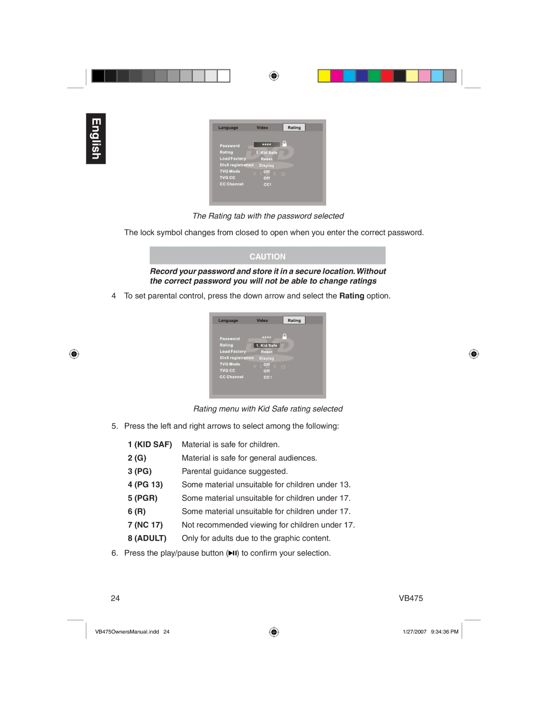 Clarion VB475 owner manual Rating tab with the password selected, Rating menu with Kid Safe rating selected 
