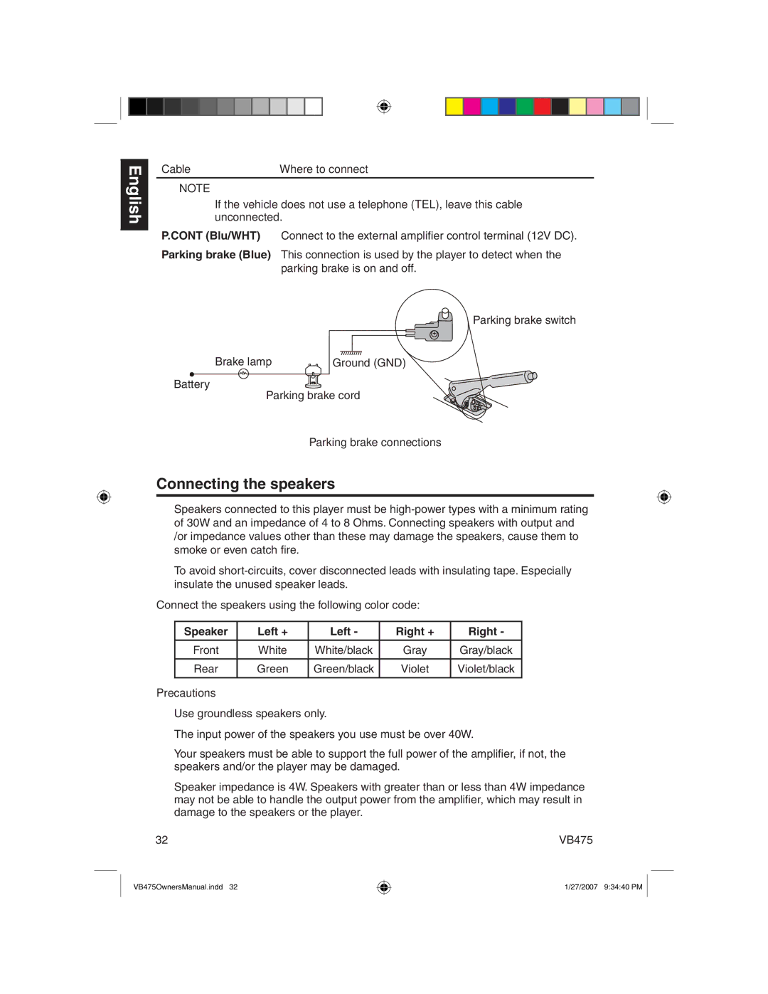 Clarion VB475 owner manual Connecting the speakers, Parking brake connections, Precautions 