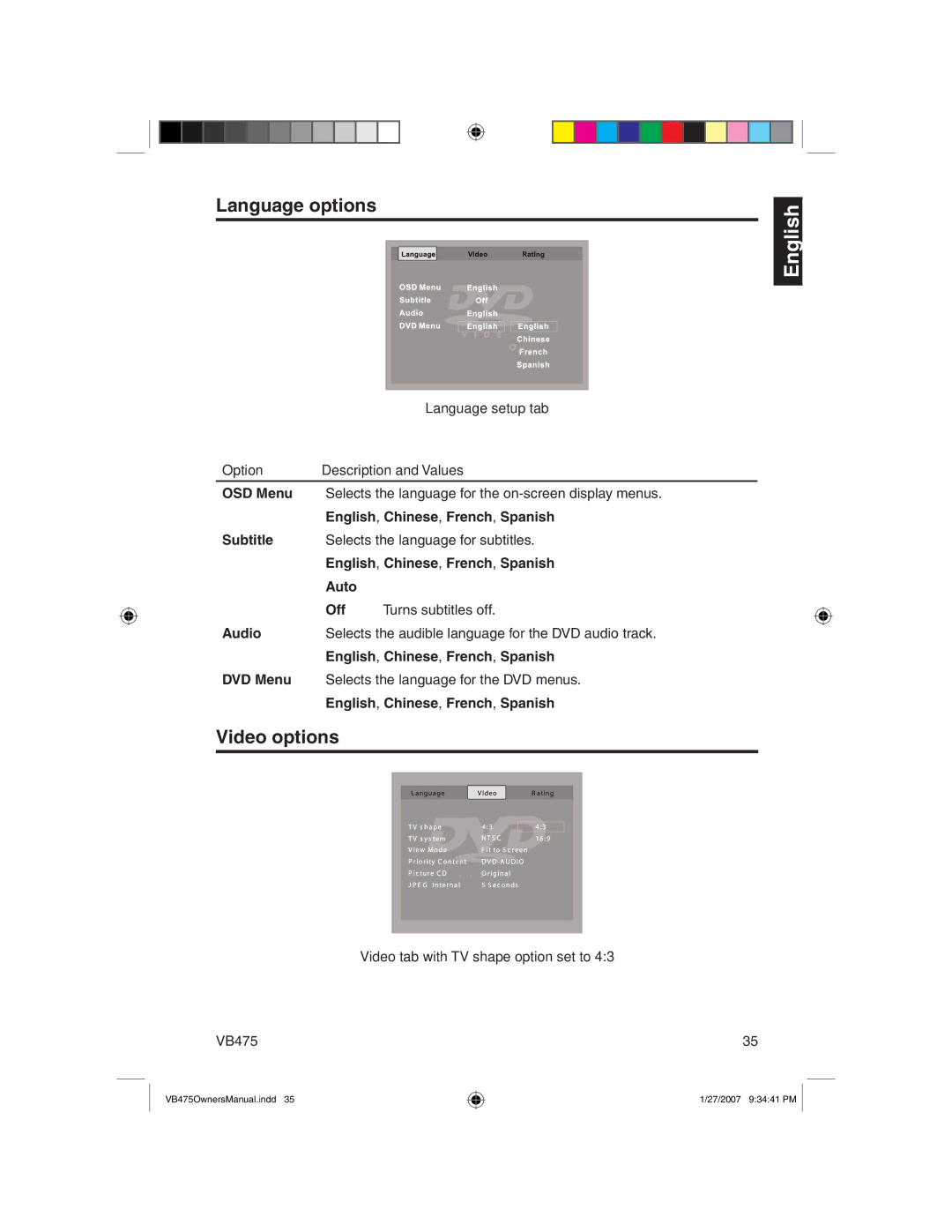 Clarion VB475 owner manual Language options, Video options, Language setup tab 