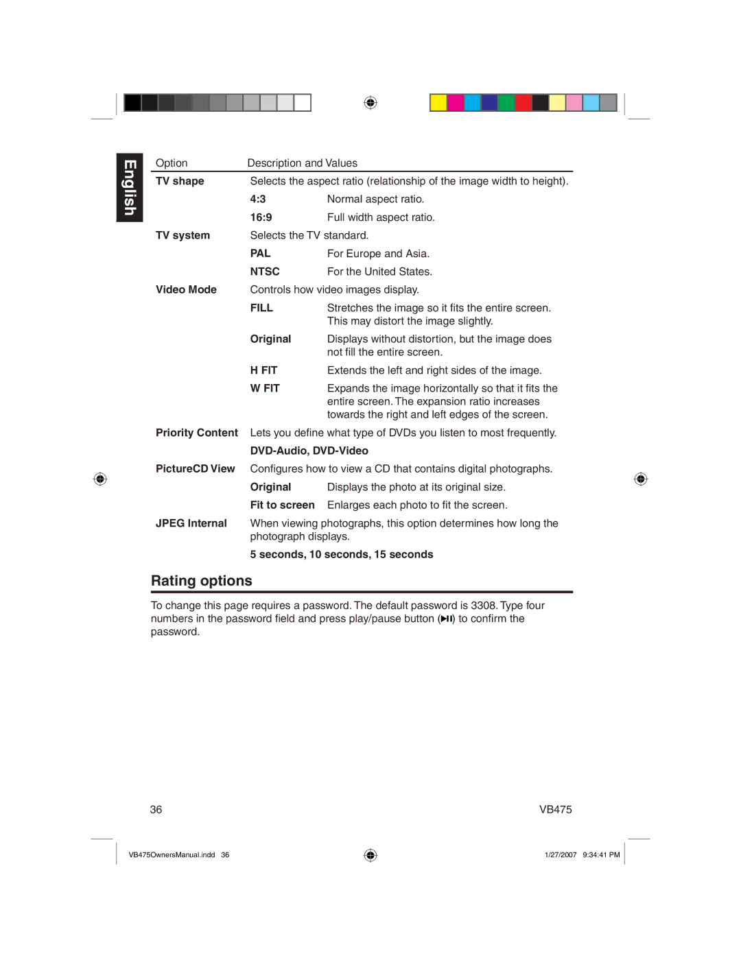 Clarion VB475 owner manual Rating options, Option Description and Values TV shape, For Europe and Asia 