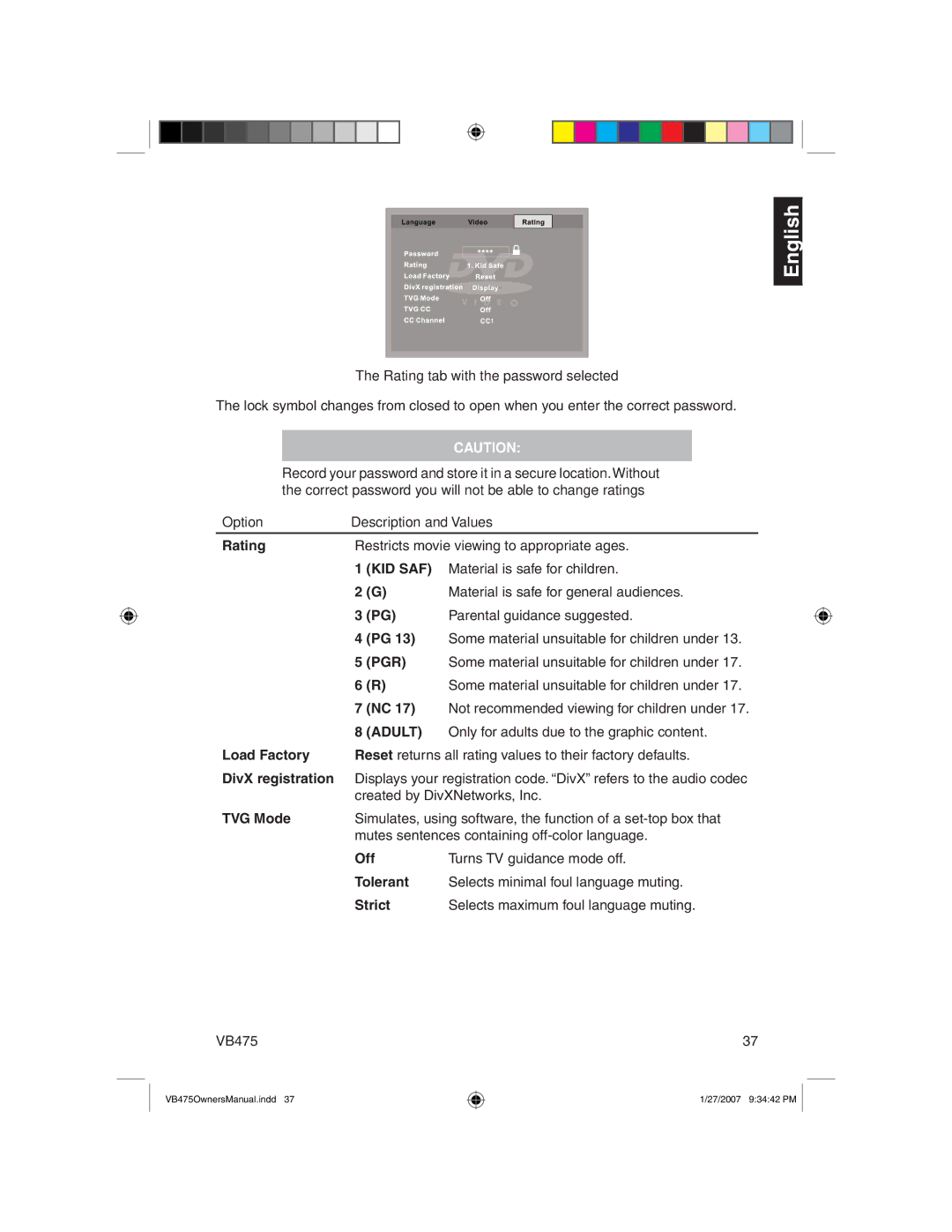 Clarion VB475 Material is safe for children, Material is safe for general audiences, Parental guidance suggested 