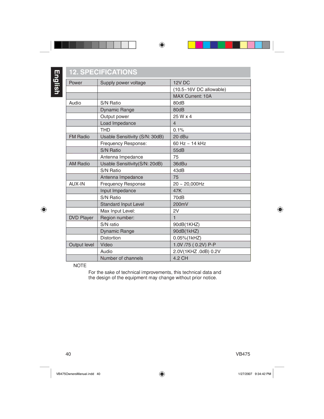 Clarion VB475 owner manual Specifications, Thd 