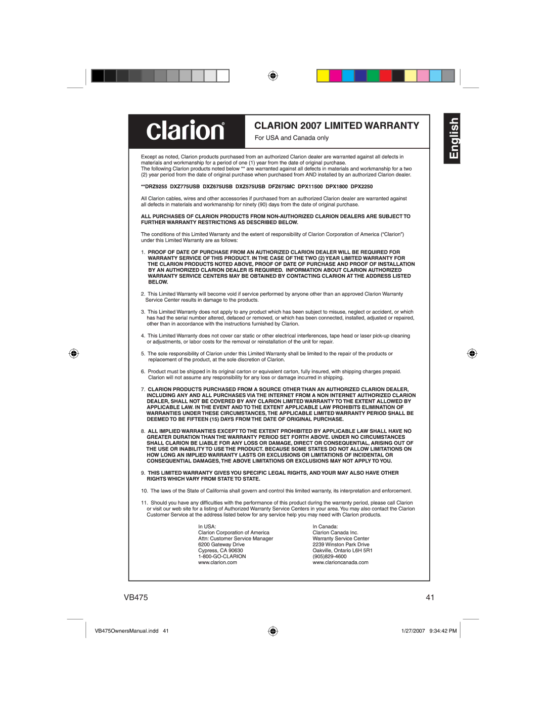 Clarion VB475 owner manual English 