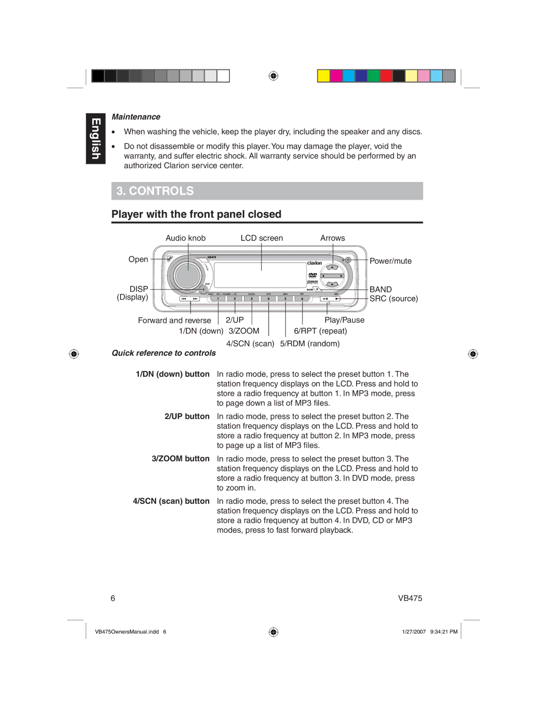 Clarion VB475 owner manual Controls, Player with the front panel closed, Maintenance, Quick reference to controls 