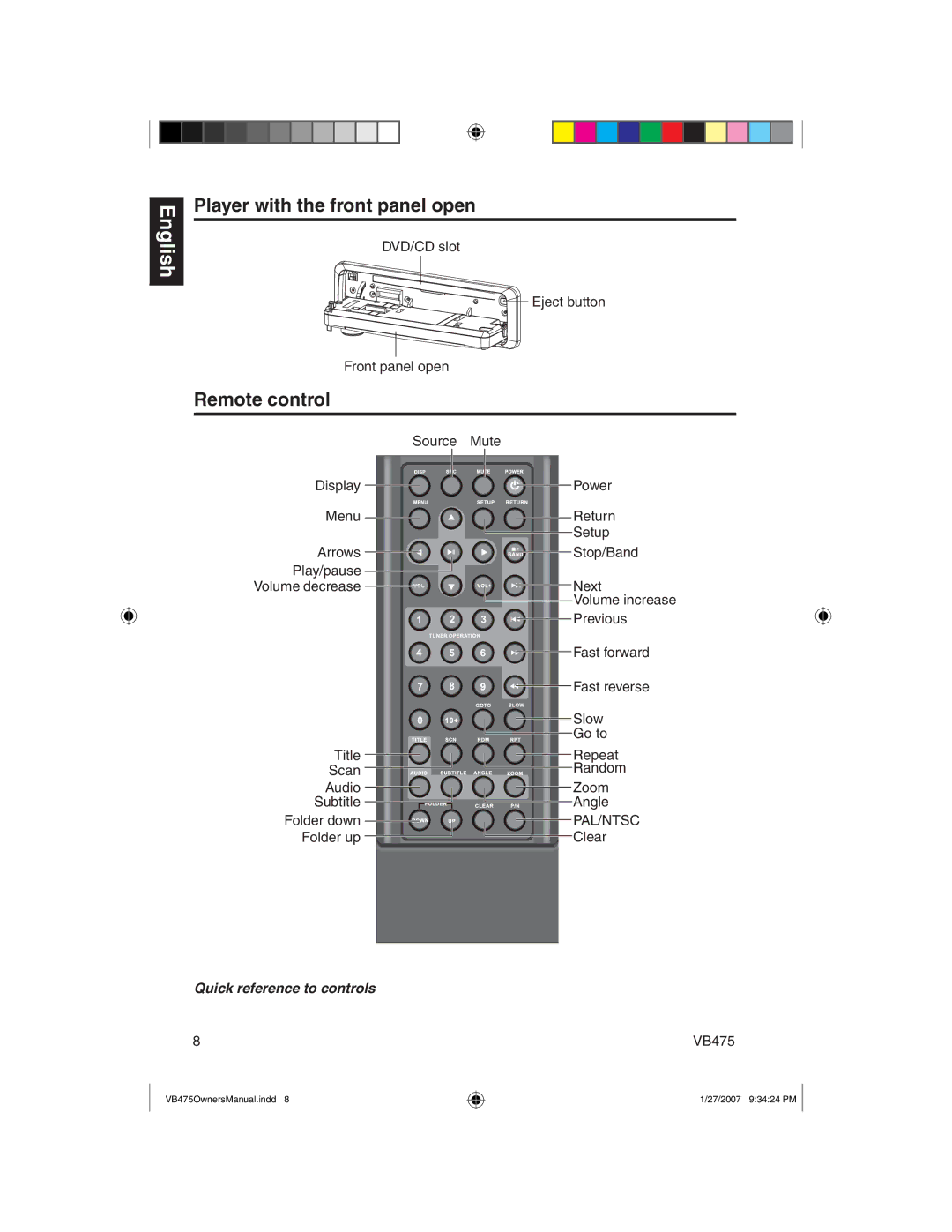 Clarion VB475 owner manual Player with the front panel open, Remote control 