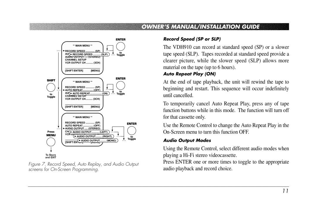 Clarion VDH910 owner manual Record Speed SP or SLP 