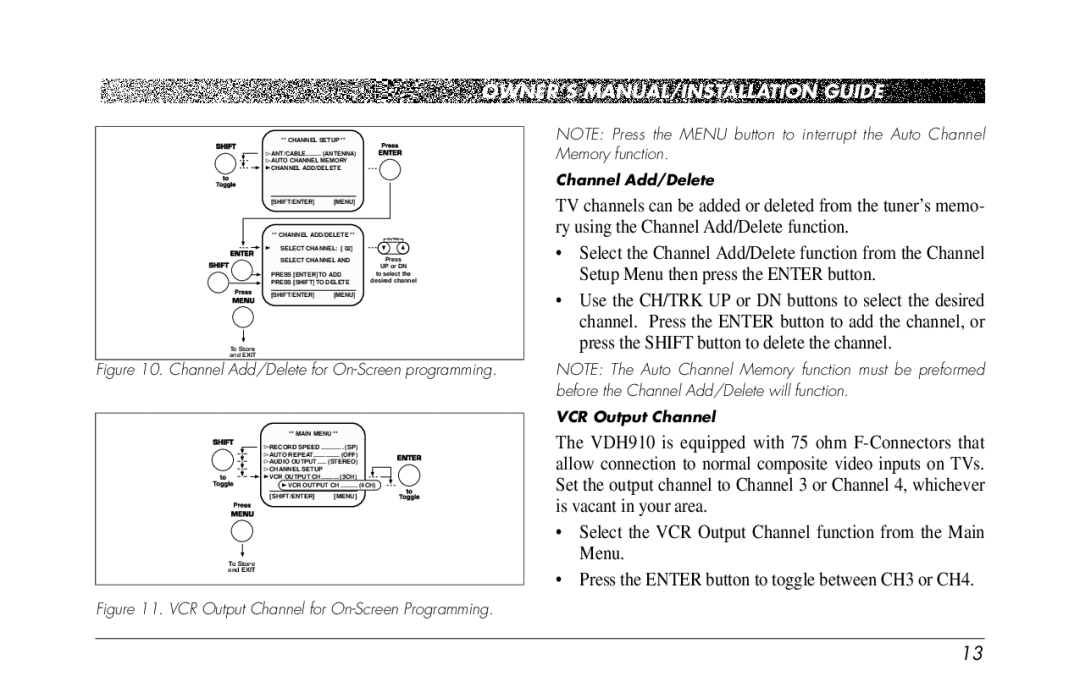 Clarion VDH910 owner manual Channel Add/Delete for On-Screen programming 