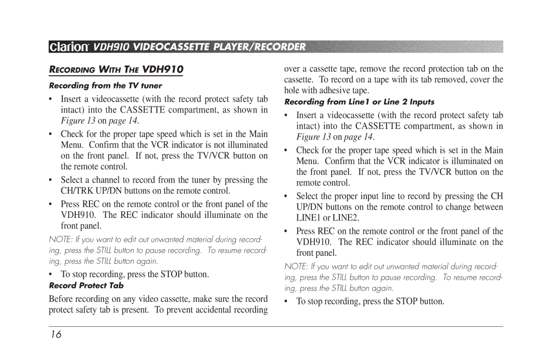 Clarion VDH910 owner manual Recording from the TV tuner 