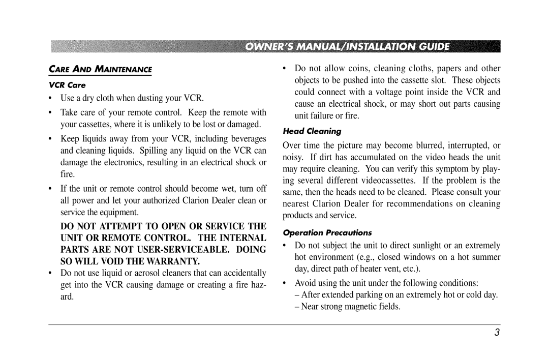 Clarion VDH910 owner manual Use a dry cloth when dusting your VCR 