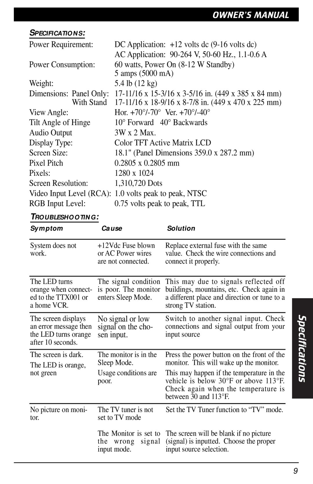 Clarion VMA1891 owner manual +12 volts dc 9-16 volts dc 