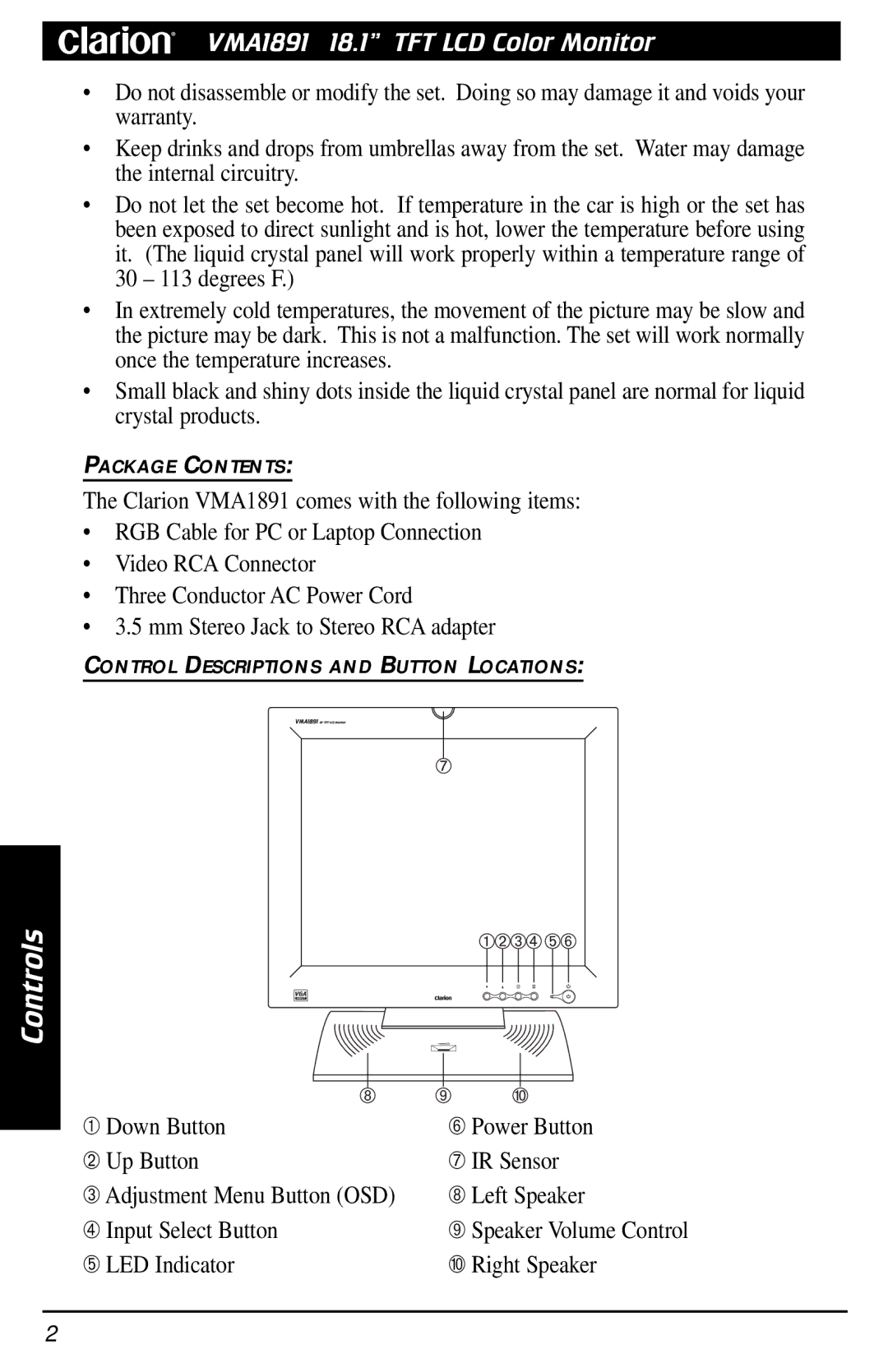 Clarion owner manual Controls, VMA1891 18.1Ó TFT LCD Color Monitor 