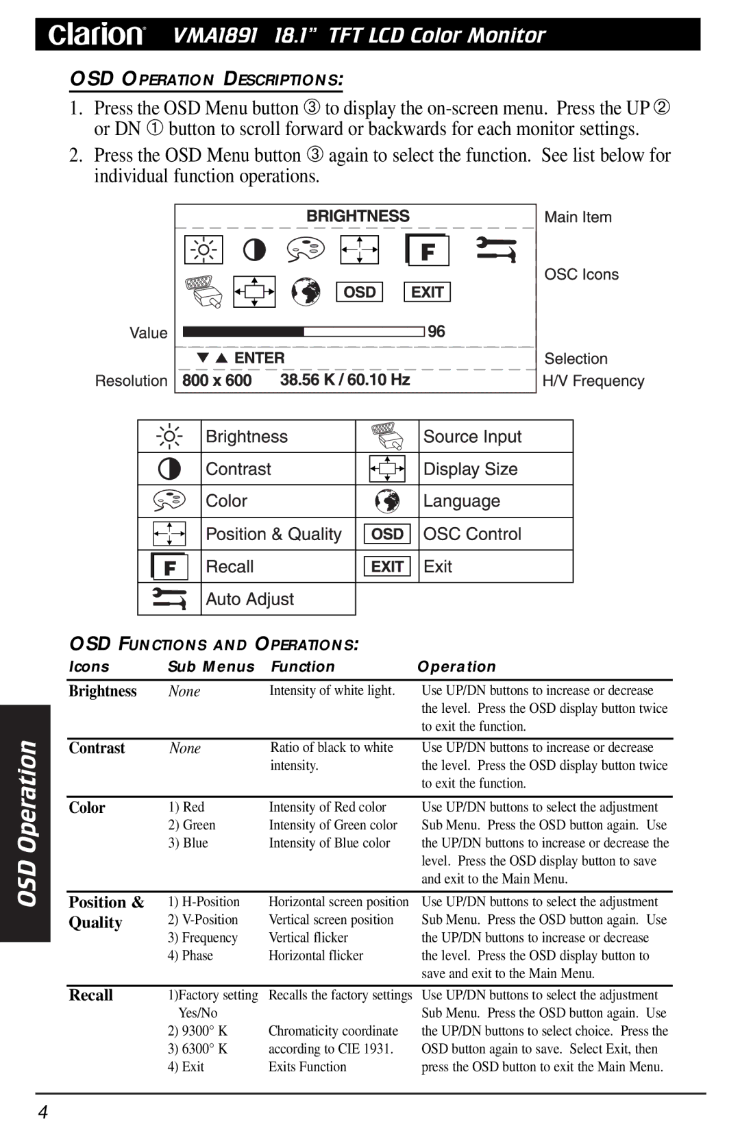 Clarion VMA1891 owner manual OSD Operation, Brightness 