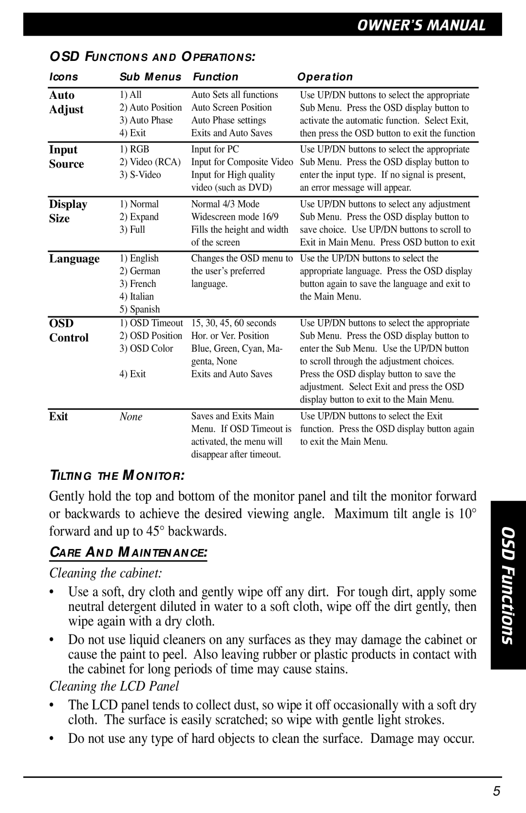 Clarion VMA1891 owner manual OSD Functions, Adjust 