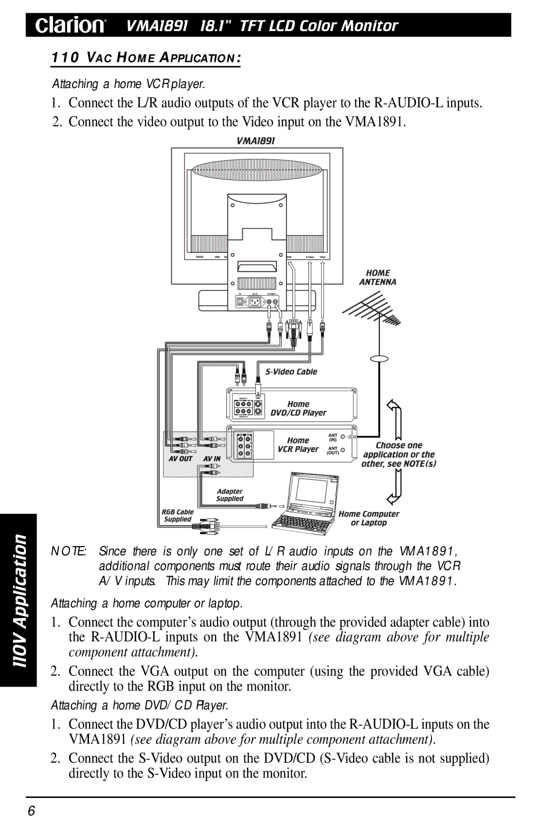 Clarion VMA1891 owner manual 110V Application, Attaching a home DVD/CD Player 