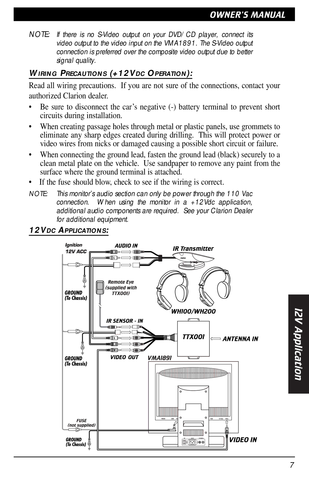 Clarion VMA1891 owner manual 12V Application 