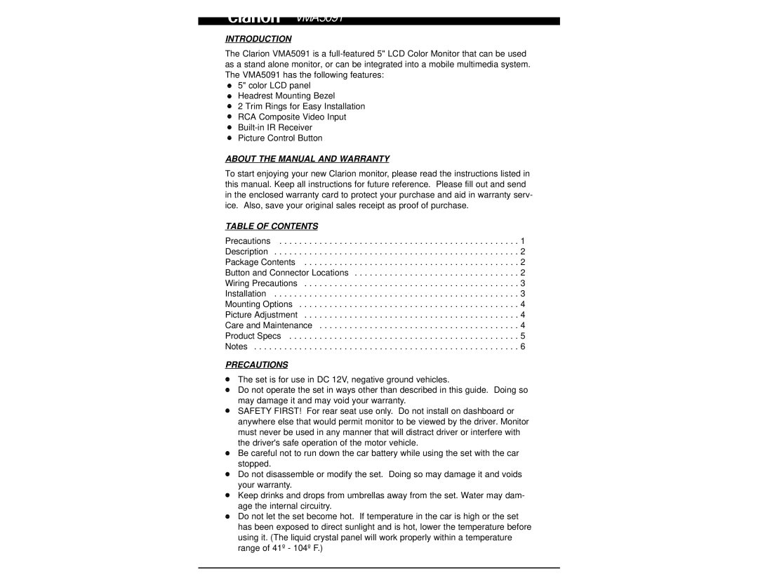 Clarion VMA5091 owner manual Introduction, About the Manual and Warranty, Table of Contents, Precautions 