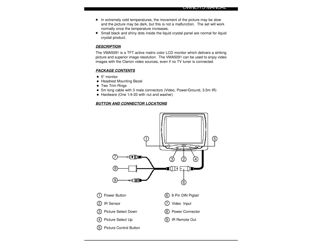 Clarion VMA5091 owner manual Description, Package Contents, Button and Connector Locations 