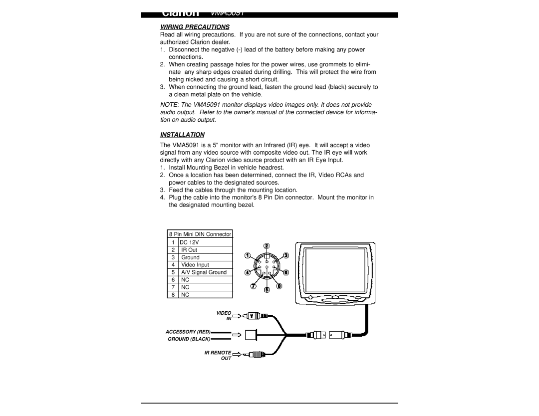 Clarion VMA5091 owner manual Wiring Precautions, Installation 