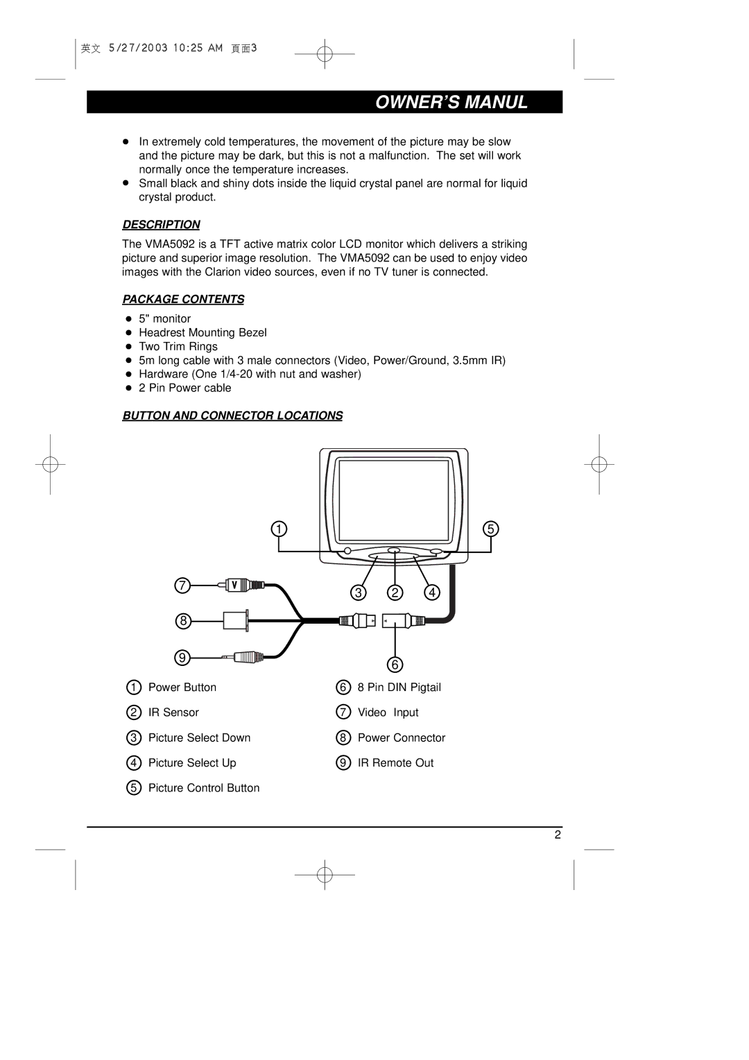 Clarion VMA5092 owner manual Description, Package Contents, Button and Connector Locations 