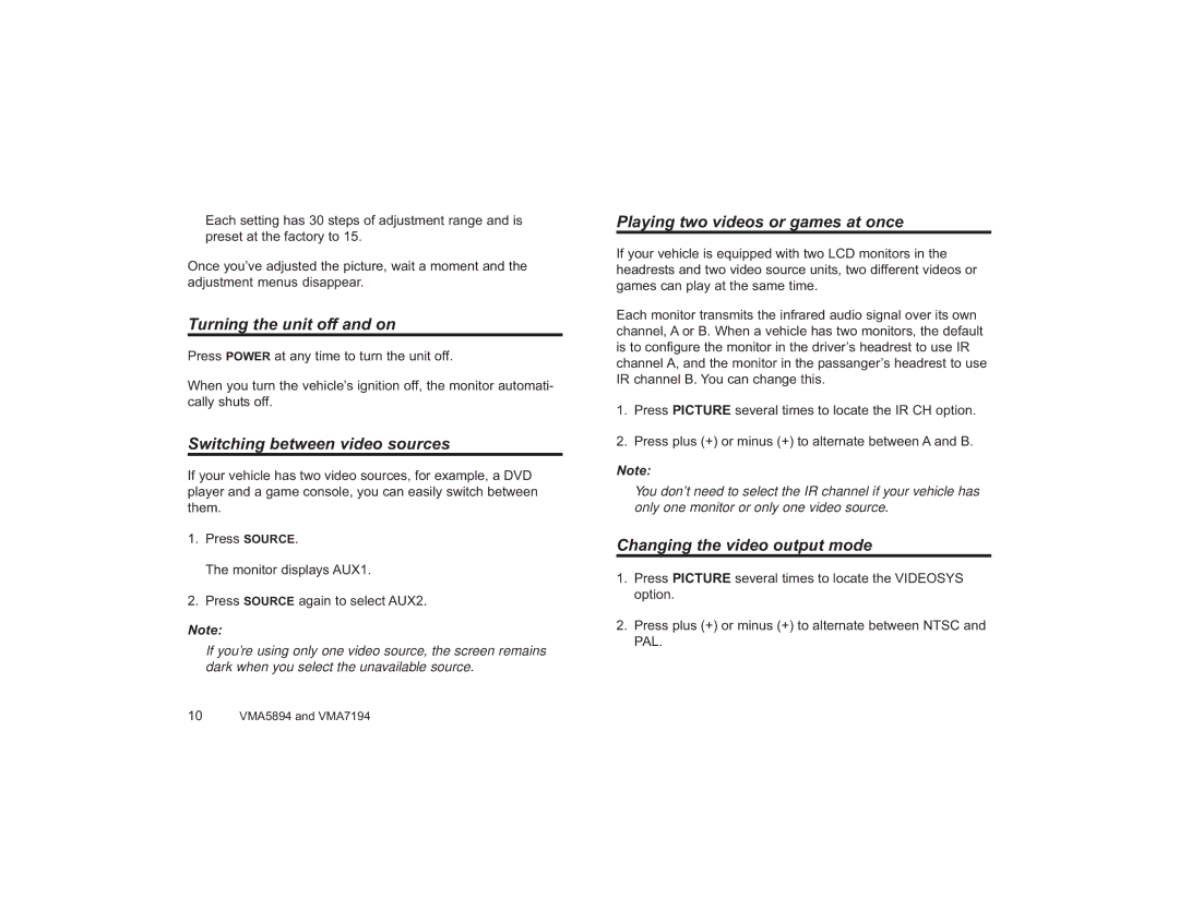 Clarion VMA5894, VMA7194 Turning the unit off and on, Switching between video sources, Playing two videos or games at once 