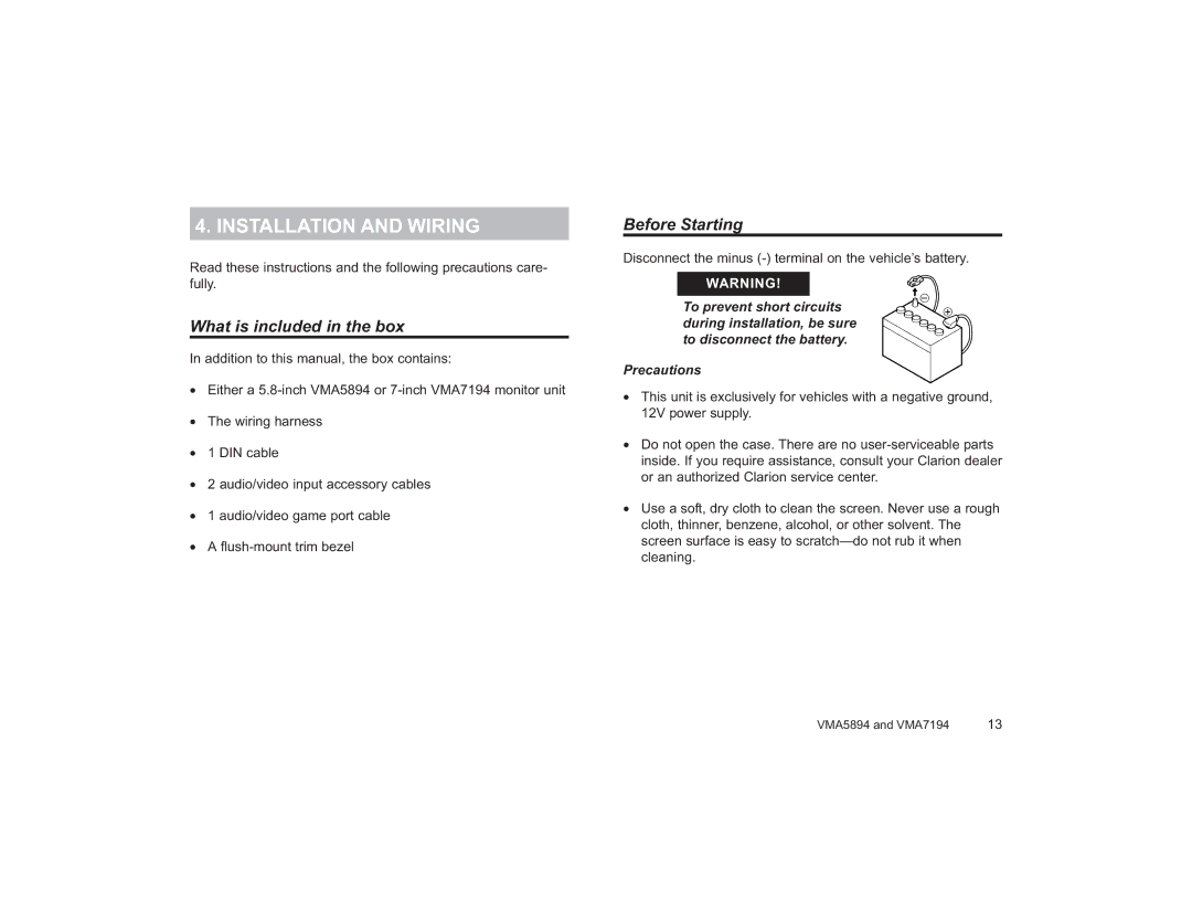 Clarion VMA7194, VMA5894 owner manual Installation and Wiring, What is included in the box, Before Starting 