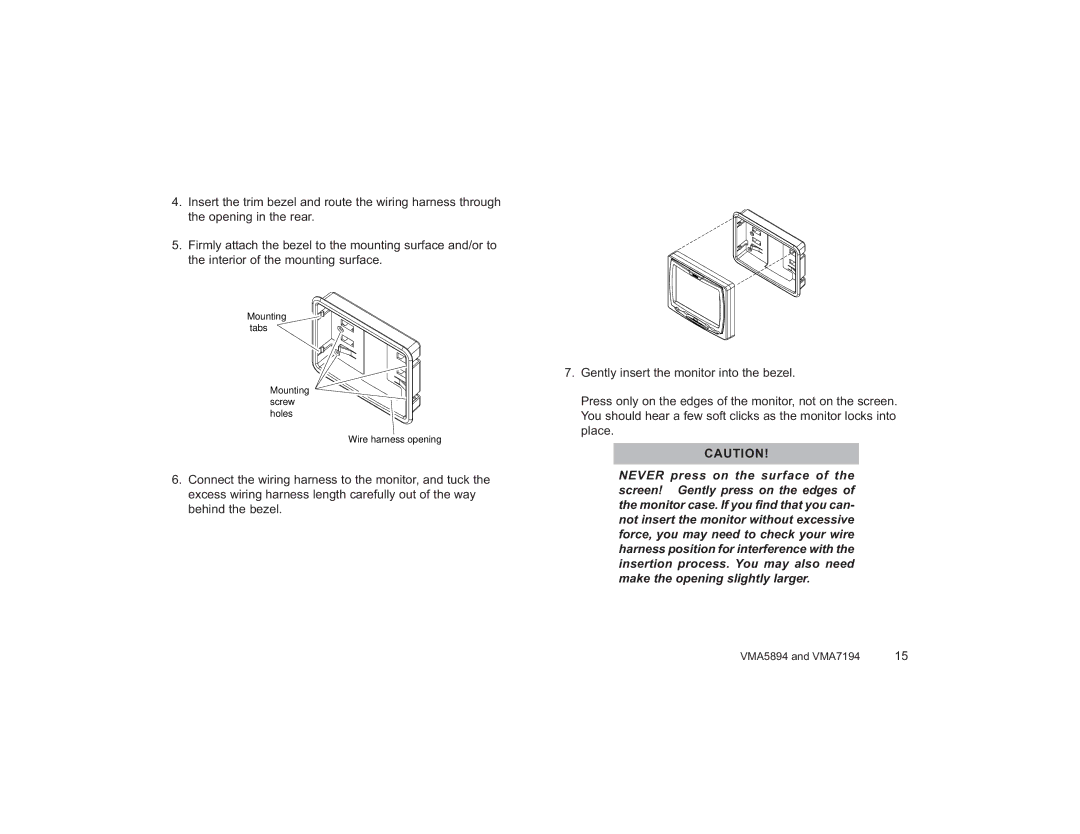 Clarion VMA7194, VMA5894 owner manual Mounting tabs Mounting screw holes Wire harness opening 