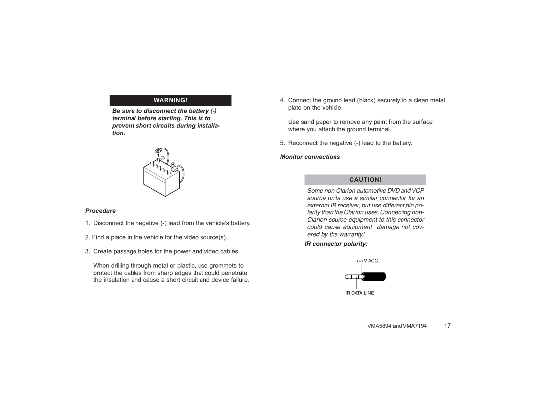 Clarion VMA7194, VMA5894 owner manual Monitor connections, IR connector polarity 