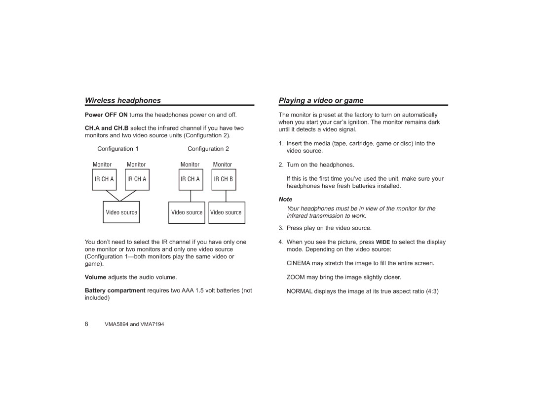 Clarion VMA5894, VMA7194 owner manual Wireless headphones, Playing a video or game 