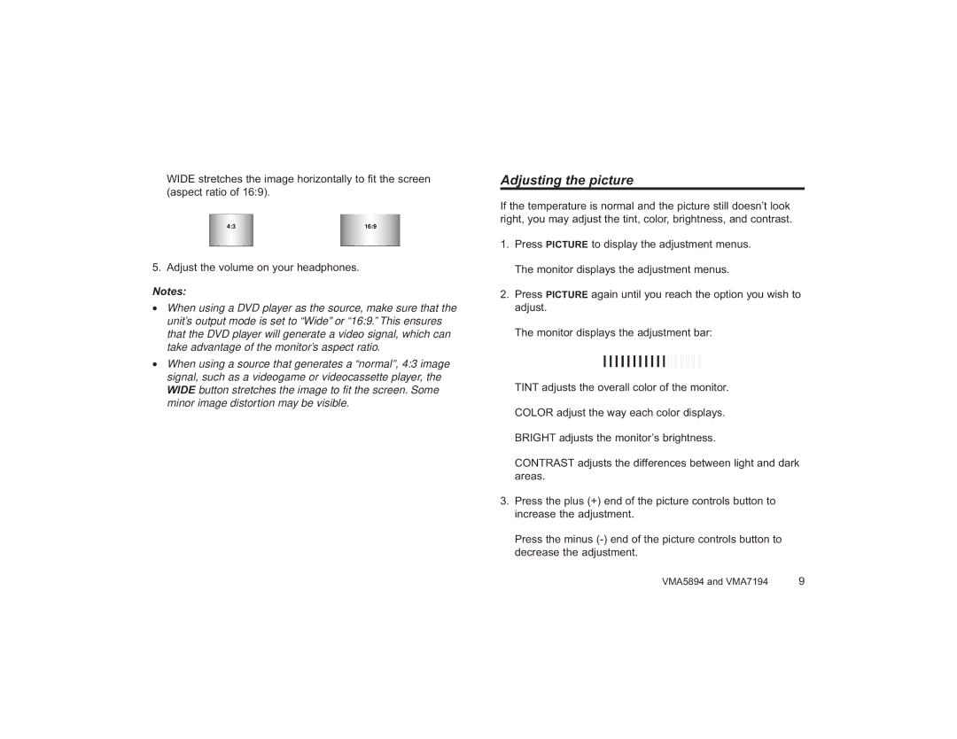 Clarion VMA7194, VMA5894 owner manual Adjusting the picture 